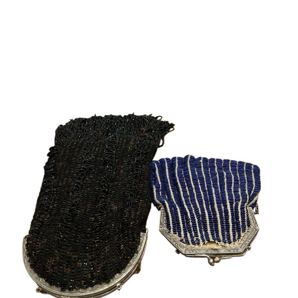 Art Deco antique lot of 2 Beaded Clutch Duo in Black and Blue